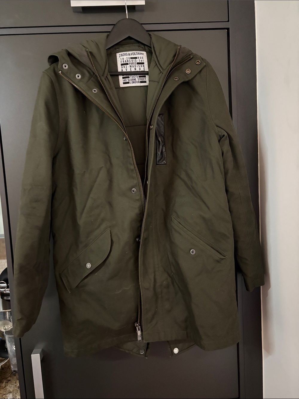 Zadig & Voltaire Olive Green Hooded Military Field Jacket with down lining